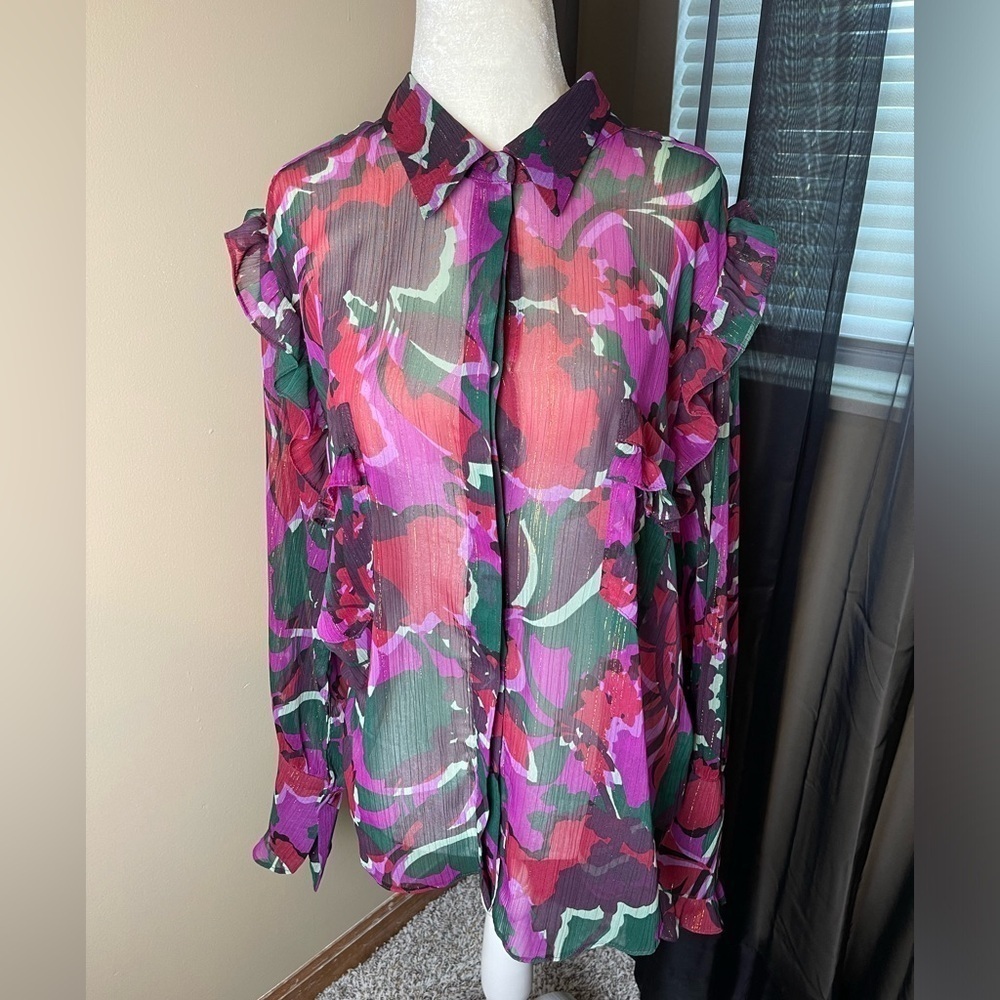 MISA Los Angeles Sheer Colorful Long Sleeve Button Down Blouse Size XLarge